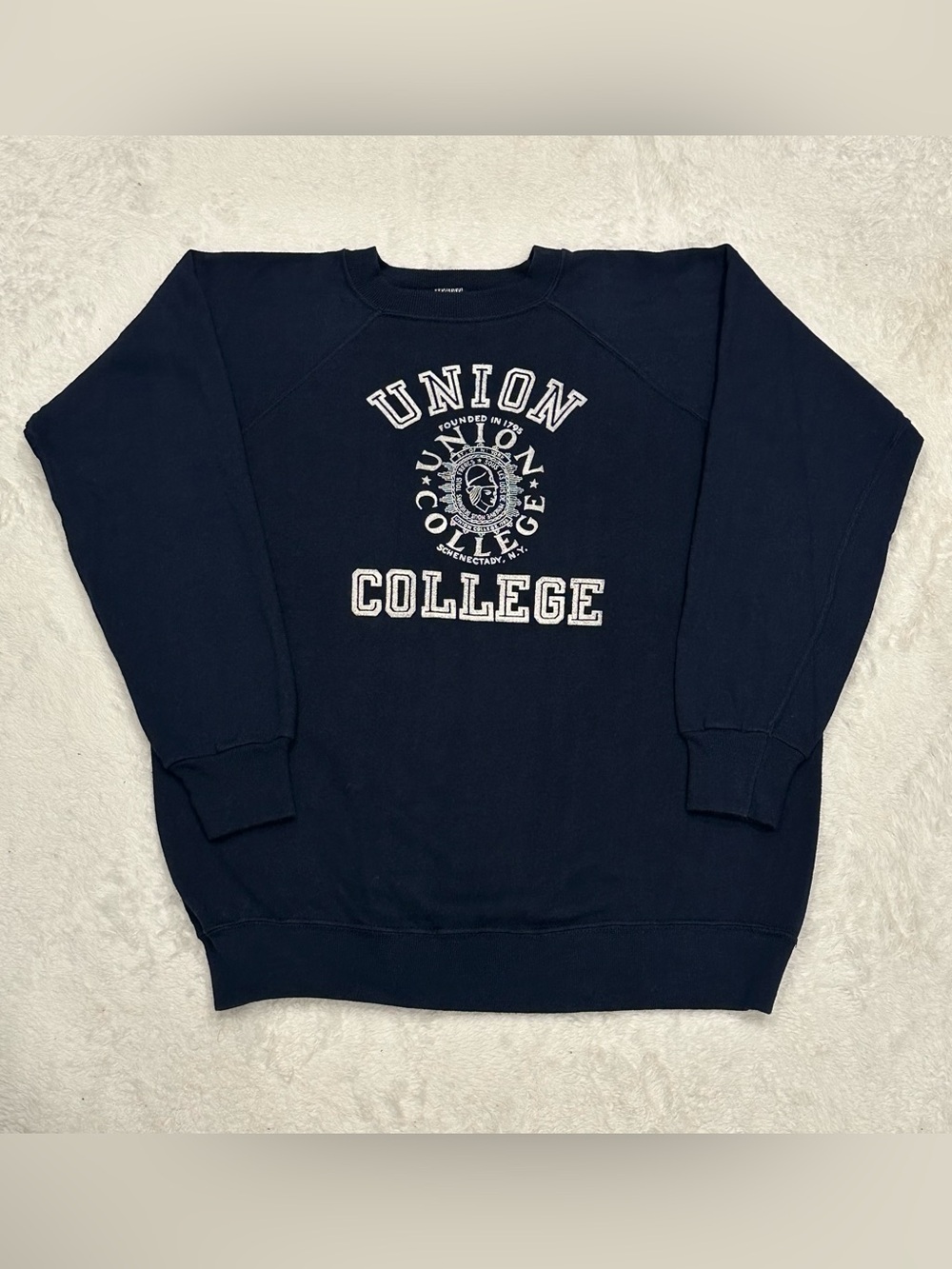 Vintage 70s Champion Blue Bar Union College Flock Print Raglan Sweatshirt XL M/L